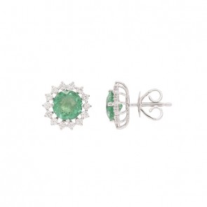 Brinco em Ouro 18k Branco Chuveiro Redondo com 2 Esmeraldas 1.68cts com 28 Diamantes 0.43cts