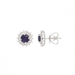 Brinco em Ouro 18k Branco Chuveiro Redondo com 2 Safiras 1.28cts com 28 Diamantes 0.43cts