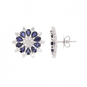 Brinco em Ouro 18k Branco Flor Com 36 Diamantes  0.87cts Com 20 Safiras 4x3mm 4.20cts