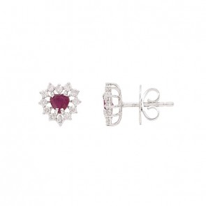 Brinco em Ouro 18k Branco Coração com 2 Rubis 4.50mm 0.62cts com 20 Diamantes 0.31cts