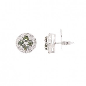 Brinco em Ouro 18k Branco Redondo com 8 Safira Verde 3mm 1.12cts com 48 Diamantes 0.71cts