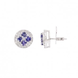 Brinco em Ouro 18k Branco Redondo com 8 Safiras 3mm 1.19cts com 48 Diamantes 0.71cts