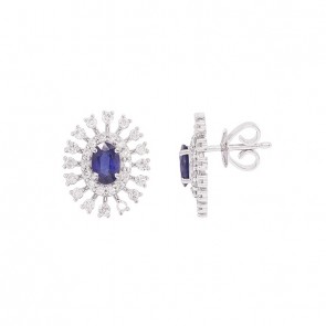 Brinco em Ouro 18k Branco Chuveiro Oval Com 2 Safira Azuis 6x4mm 1.20cts Com 44 Diamantes  0.90cts