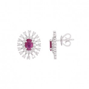 Brinco em Ouro 18k Branco Chuveiro Oval com 2 Rubis 6x4mm 0.92cts com 44 Diamantes 0.90cts