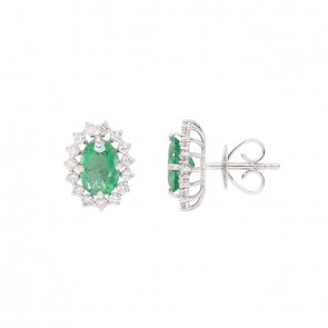 Brinco em Ouro 18k Branco Chuveiro Oval com 2 Esmeraldas 7x5mm 1.45cts com 30 Diamantes 0.46cts