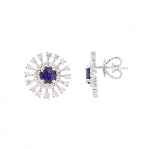 Brinco em Ouro 18k Branco Chuveiro Redondo com 2 Safiras 5mm 1.28cts com 60 Diamantes 0.89cts