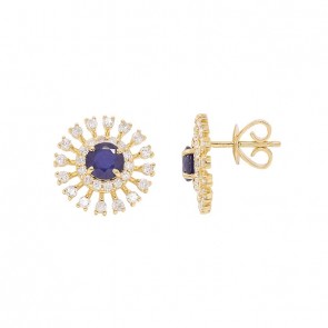 Brinco em Ouro 18k Chuveiro Redondo com 2 Safiras 5mm 1.28cts com 60 Diamantes 0.89cts