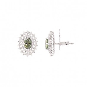 Brinco em Ouro 18k Branco Chuveiro Oval com 2 Safiras Verdes 6x4mm 1.24cts com 62 diamantes 0.89cts