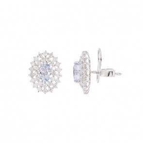 Brinco em Ouro 18k Branco Chuveiro Oval Com 2 Água Marinhas 6x4mm 0.88cts Com 62 Diamantes 0.89cts