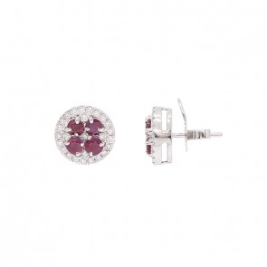 Brinco em Ouro 18k Branco Redondo com 8 Rubis 3.50mm 1.84cts com 52 Diamantes 0.80cts