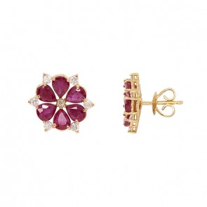 Brinco em Ouro 18k Flor com 12 Rubis 5x4mm 4.25cts com 14 Diamantes 0.40cts