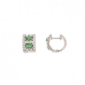 Brinco em Ouro 18k Branco Argola Cravejada com 44 Brilhantes 0.85cts com 4 Esmeraldas 5x3mm 0.92cts
