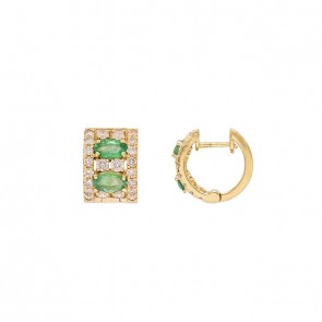 Brinco em Ouro 18k Argola Cravejada com 44brits 0.85cts com 4 Esmeraldas 5x3mm 0.92cts
