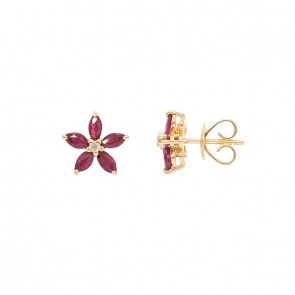 Brinco em Ouro 18k Flor com 10 Rubis Navete 1.00cts com 2 Diamantes 0.04cts