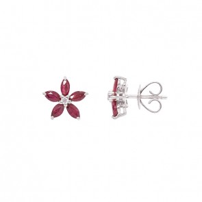 Brinco em Ouro 18k Branco Flor com 10 Rubis Navete 1.00cts com 2 Diamantes 0.04cts