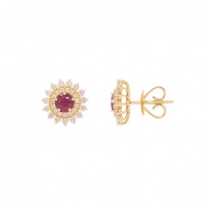 Brinco em Ouro 18k Chuveiro com 2 Rubis 4mm 0.65Cts e 60 Diamantes 0.56Cts  	