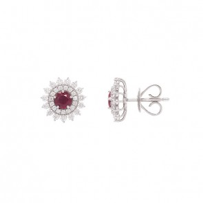 Brinco em Ouro Branco 18k Chuveiro com 2 Rubis 4mm 0.65Cts e 60 Diamantes 0.56Cts