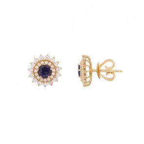 Brinco em Ouro 18k Chuveiro com 2 Safiras 4mm 0.65Cts e 60 Diamantes 0.56Cts 	