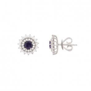 Brinco em Ouro Branco 18k Chuveiro com 2 Safiras 4mm 0.65Cts e 60 Diamantes 0.56Cts