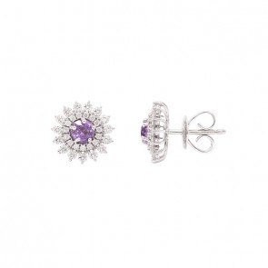 Brinco em Ouro Branco 18k Chuveiro com 2 Safiras Roxas 4mm 0.64Cts e 60 Diamantes 0.56Cts