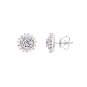 Brinco em Ouro Branco 18k Chuveiro com 2 Agua Marinhas 4mm 0.45Cts e 60 Diamantes 0.58Cts