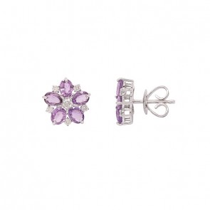Brinco em Ouro 18k Branco Flor com 10 Safiras Roxas 4x3mm 1.77cts com 12 Diamantes 0.24cts