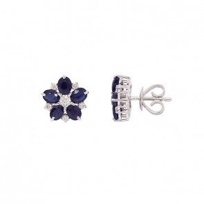 Brinco em Ouro Branco 18k Flor Com 10 Safiras 4x3mm 2.39Cts 12 Diamantes  0.24Cts