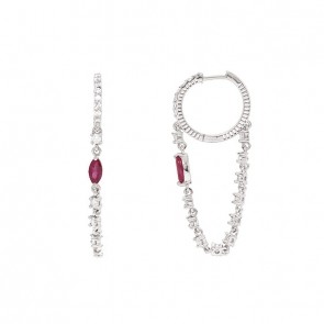 Brinco em Ouro 18k Branco Argola com Ping.Riviera com 36 Diamantes 1.20cts Com 2 Rubis 6x3mm 0.59cts