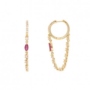 Brinco em Ouro 18k Argola com Pingente Riviera com 36 Diamantes 1.20cts com 2 Rubis 6x3mm 0.59cts