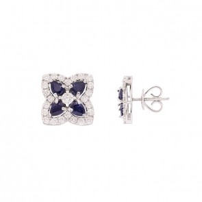 Brinco em Ouro Branco 18k Flor Com 8 Safiras Gotas 4x3mm 1.77Cts Cravejada com 50 Diamantes  0.69Cts