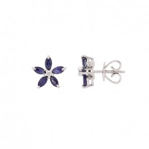 Brinco em Ouro 18k Branco Flor com 10 Safiras Navete 1.04cts com 2 Diamantes 0.04cts