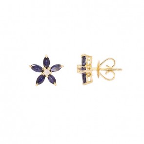 Brinco em Ouro 18k Flor com 10 Safiras Navete 1.04cts com 2 Diamantes 0.04cts