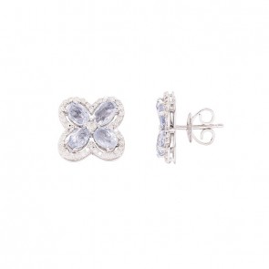 Brinco em Ouro 18k Branco Flor com 8 Água Marinhas 5x3mm 2.04cts Cravejada com 82 Diamantes 0.44cts