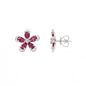 Brinco em Ouro Branco 18k Flor com 10 Rubis Gotas 5x3mm 2.26Cts e 32 Diamantes 0.30Cts