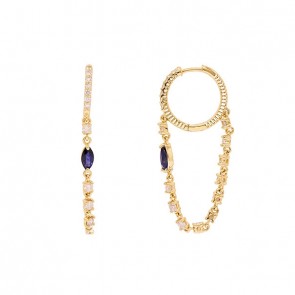 Brinco em Ouro 18k Argola com Pingente Riviera com 36 Diamantes 1.20cts com 2 Safiras 6x3mm 0.57cts