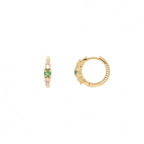 Brinco em Ouro 18k Argola Polida com 2 Esmeraldas 3mm 0.19Cts e 8 Diamantes 0.18Cts