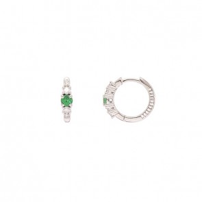 Brinco em Ouro 18k Branco Argola Polida com 2 Esmeraldas 3mm 0.19cts com 8 Diamantes 0.18cts