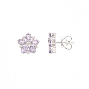 Brinco em Ouro 18k Branco Flor com 10 Safiras 4x3mm 2.11cts com 12 Diamantes 0.24cts