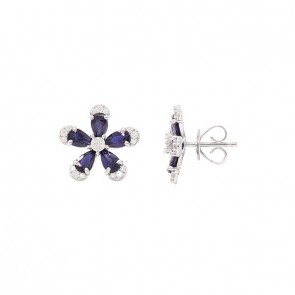 Brinco em Ouro Branco 18k Flor Com 10 Safiras Gotas 5x3mm 2.60Cts com 32 Diamantes  0.30Cts