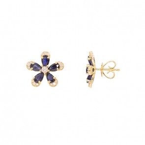 Brinco em Ouro 18k Flor com 10 Safiras Gotas 5x3mm 2.60Cts e 32 Diamantes 0.30Cts