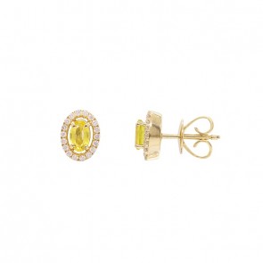 Brinco em Ouro 18k Chuveiro Oval com 2 Safiras Amarelas 0.50cts com 36 Diamantes 0.16cts