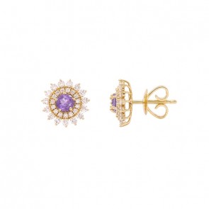 Brinco em Ouro 18k Chuveiro com 2 Safiras Roxas 4mm 0.64cts com 60 Diamantes 0.56cts