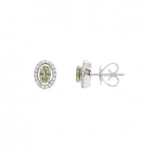 Brinco em Ouro Branco 18k Chuveiro Oval com 2 Safiras Verdes 0.68Cts e 36 Diamantes 0.16Cts  	