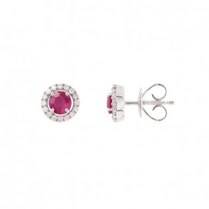 Brinco em Ouro Branco 18k Chuveiro Redondo com 2 Rubis 4mm 0.60Cts e 32 Diamantes 0.17Cts 