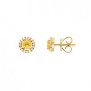 Brinco em Ouro 18k Branco Chuveiro Redondo com 2 Safiras Amarelas 4mm 0.64cts com 32 Diamantes 0.17cts