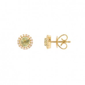 Brinco em Ouro 18k Chuveiro Redondo com 2 Safiras Verdes 4mm 0.73Cts e 32 Diamantes 0.17Cts 