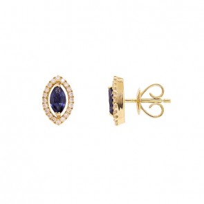 Brinco em Ouro 18k Chuveiro Navete com 2 Rubis 6x3mm 0.60Cts e 40 Diamantes 0.19Cts