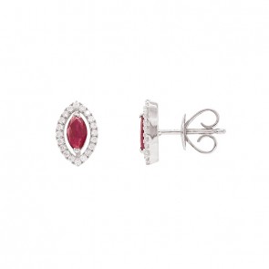 Brinco em Ouro Branco 18k Chuveiro Navete com 2 Rubis 6x3mm 0.62Cts e 40 Diamantes 0.19Cts