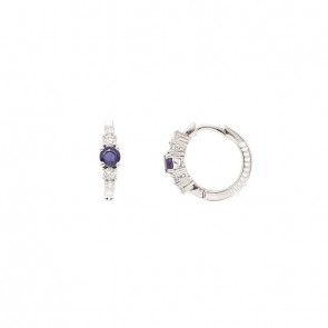 Brinco em Ouro 18k Branco Argola Polida com 2 Safiras 3mm 0.28cts com 8 Diamantes 0.18cts