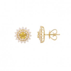 Brinco em Ouro 18k Chuveiro com 2 Safiras Amarelas 4mm 0.68cts com 60 Diamantes 0.58cts